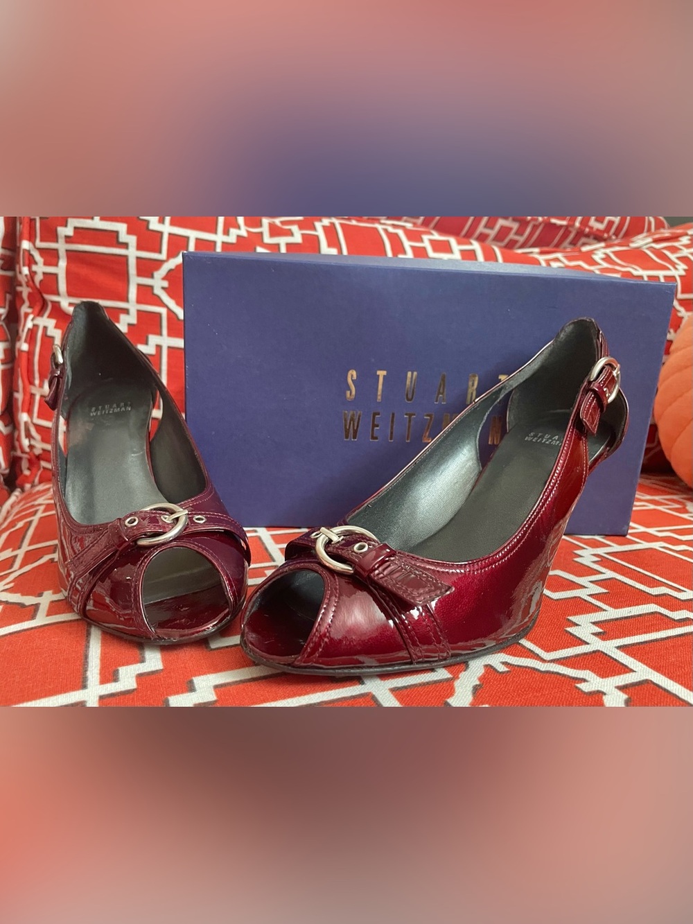 Stuart Weitzman Burgundy Patent Peep-Toe Slingback Heels with Buckle